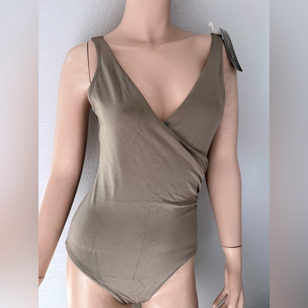Pour Moi? Azure Tummy Control Swimsuit Shimmer Olive Green One Piece Wrap Front